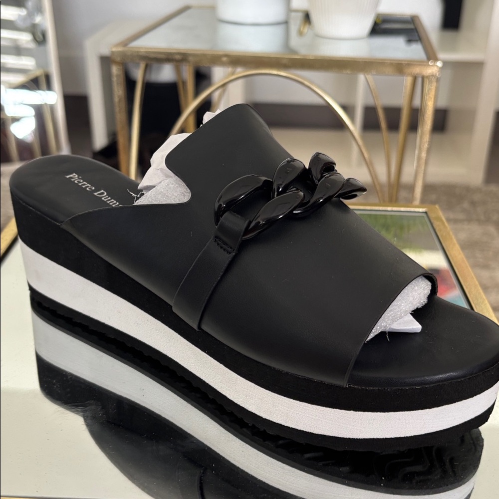 Pierre Dumas Black Platform Slide Sandals with Chain Detail